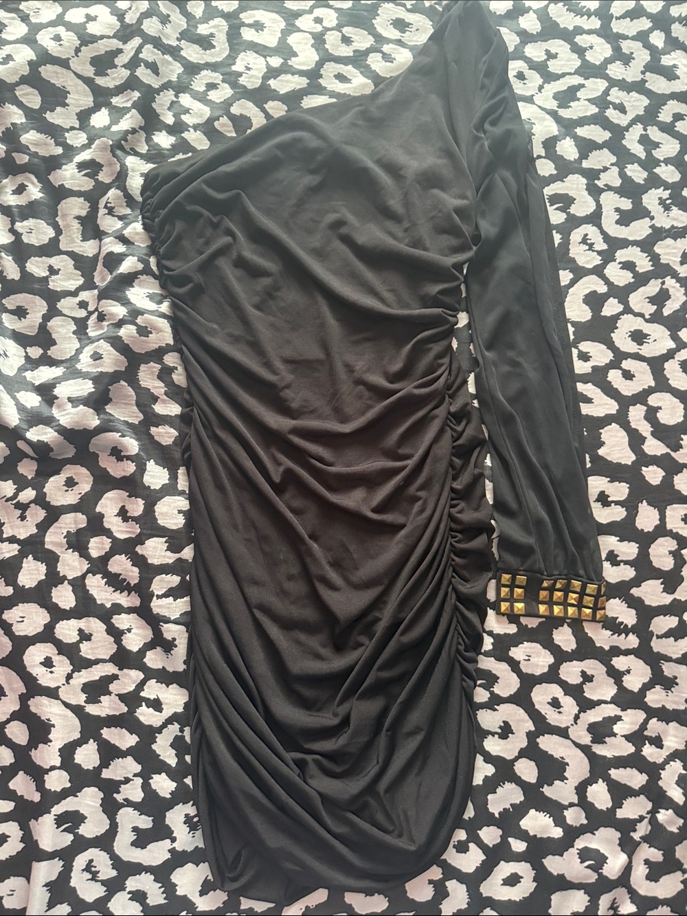 Emerald Sundae Black One-Shoulder Ruched Dress with Studded Cuff